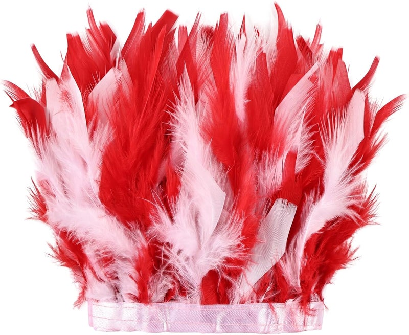 MAOFENG 2 Yards Natural Turkey Feathers Trim Sewing Fringe Fashion Dress Sewing 4-6inch for DIY Handicrafts Costumes Decoration,Red+White - Image 1